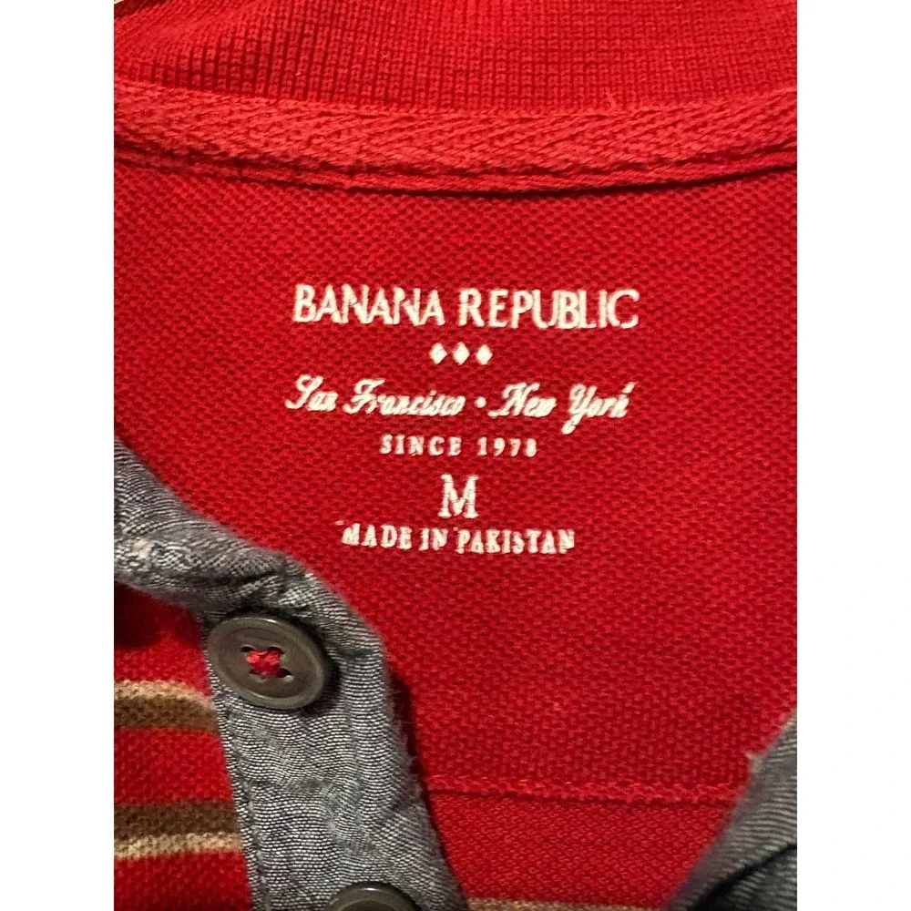 Banana Republic Striped Polo Shirt Long Sleeve Casual Red‎ Elephant Logo M
